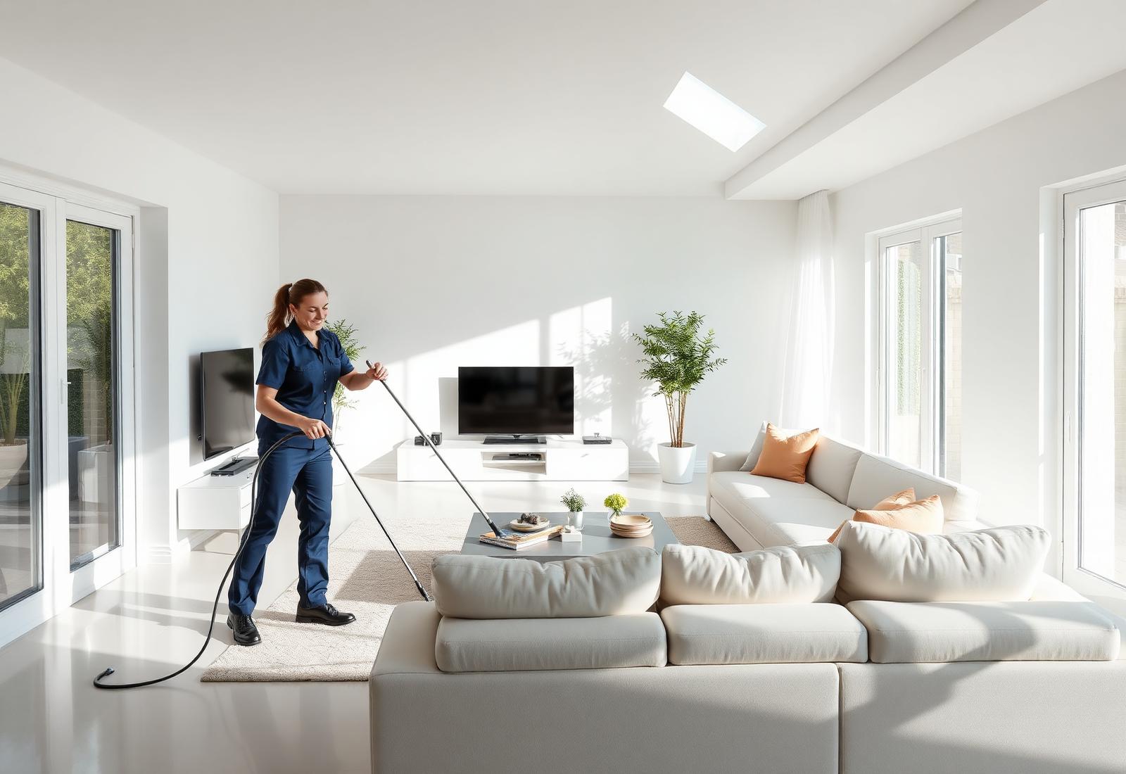 Professional cleaner vacuuming a bright modern living room